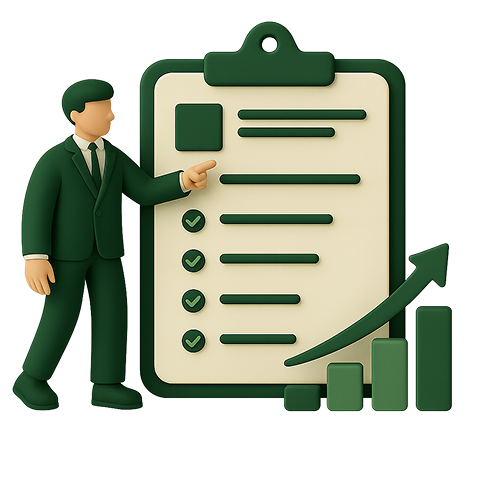 pessoa com uma prancheta e um grafico a subir